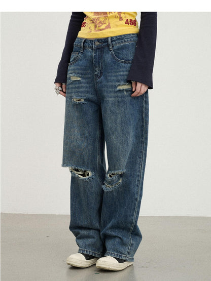 Washed Acid-Wash Distressed Jeans