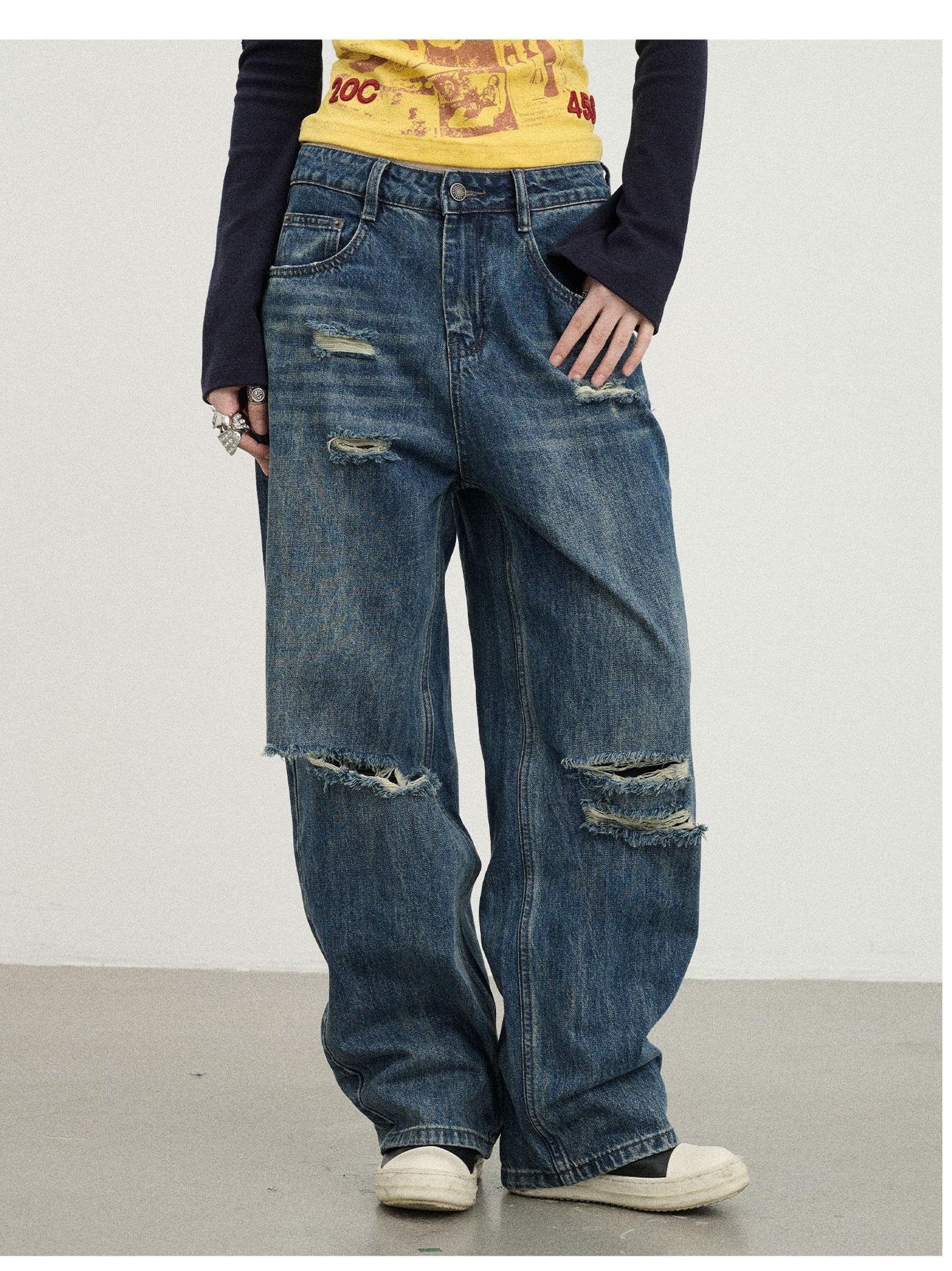 Washed Acid-Wash Distressed Jeans