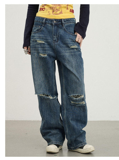 Washed Acid-Wash Distressed Jeans