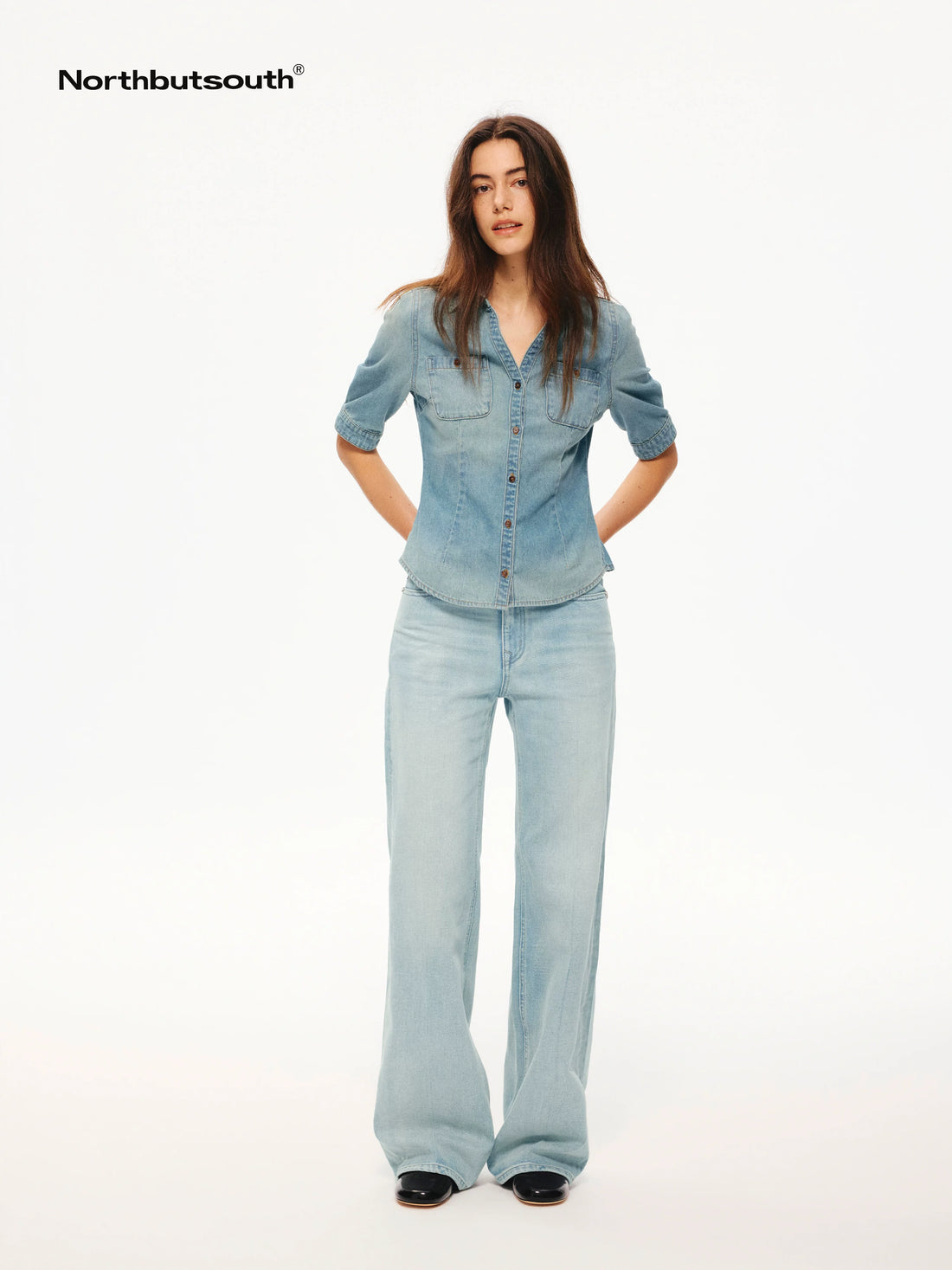 Washed Blue Pleated Mid Low Rise Women&