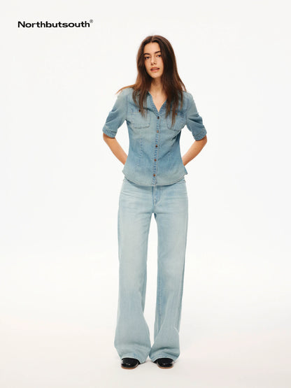 Washed Blue Pleated Mid Low Rise Women&