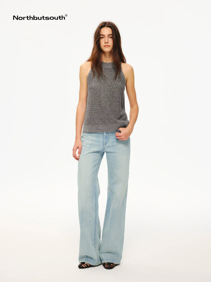 Washed Blue Pleated Mid Low Rise Women&