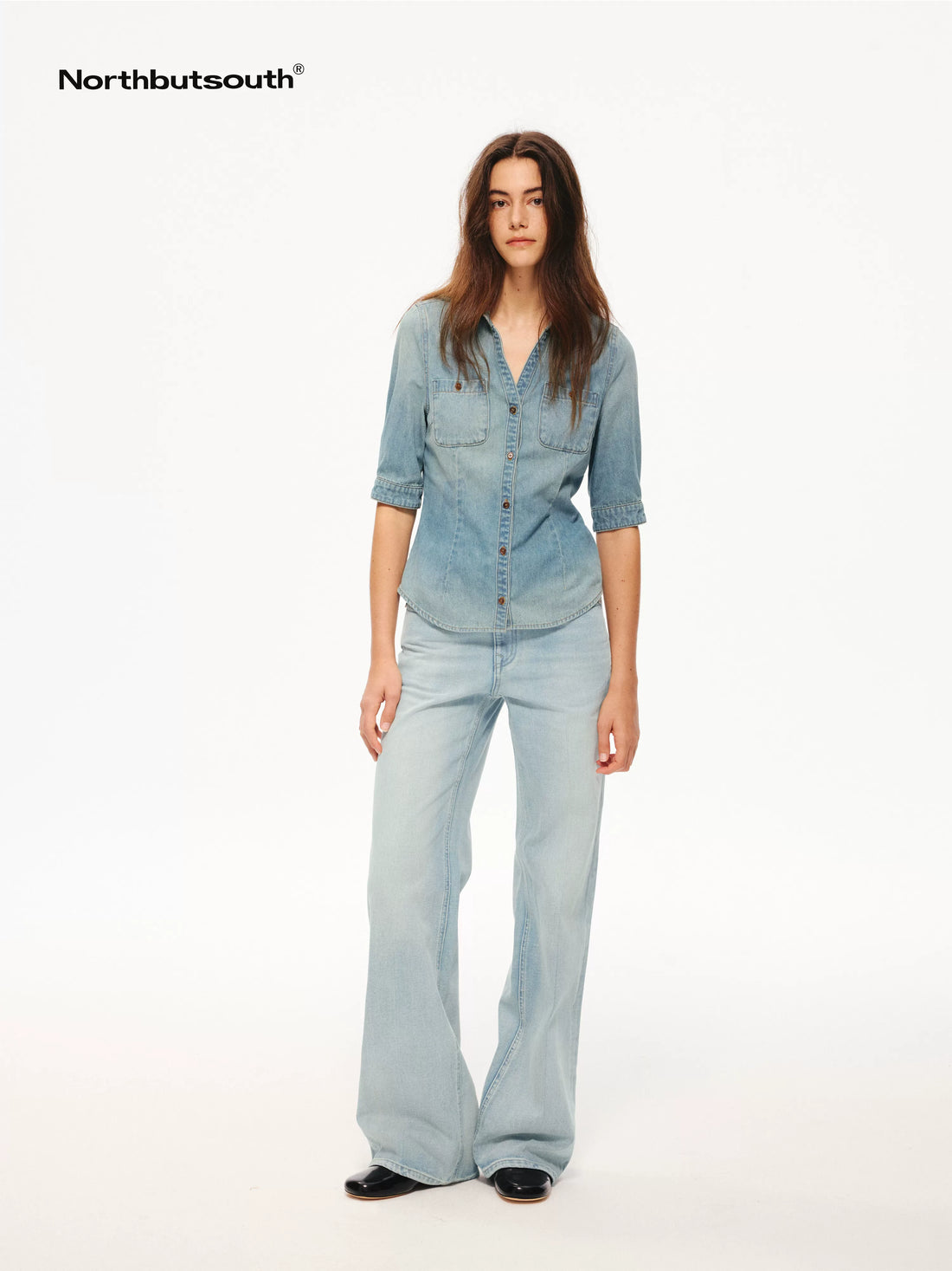 Washed Denim Blue Vintage V-neck Cinched Waist Women&