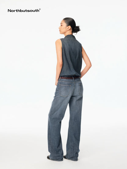 Washed Denim Lace Collared Loose Women&