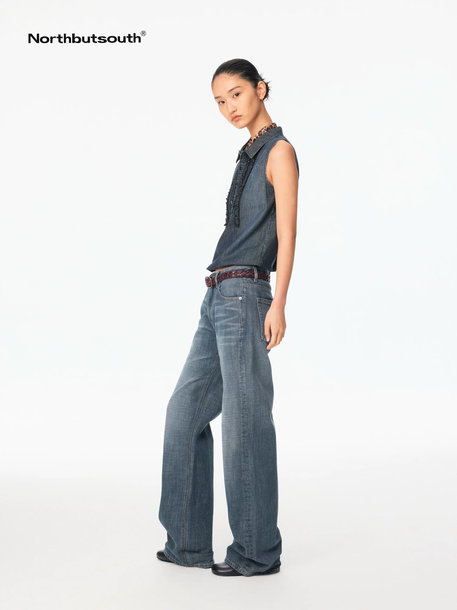 Washed Denim Lace Collared Loose Women&