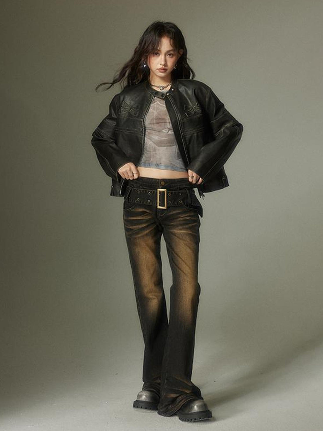 DIDDI MODA Washed Gradient Flared Jeans With Wide Belt