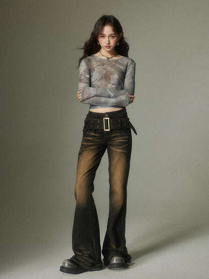 DIDDI MODA Washed Gradient Flared Jeans With Wide Belt