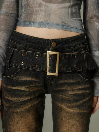 DIDDI MODA Washed Gradient Flared Jeans With Wide Belt