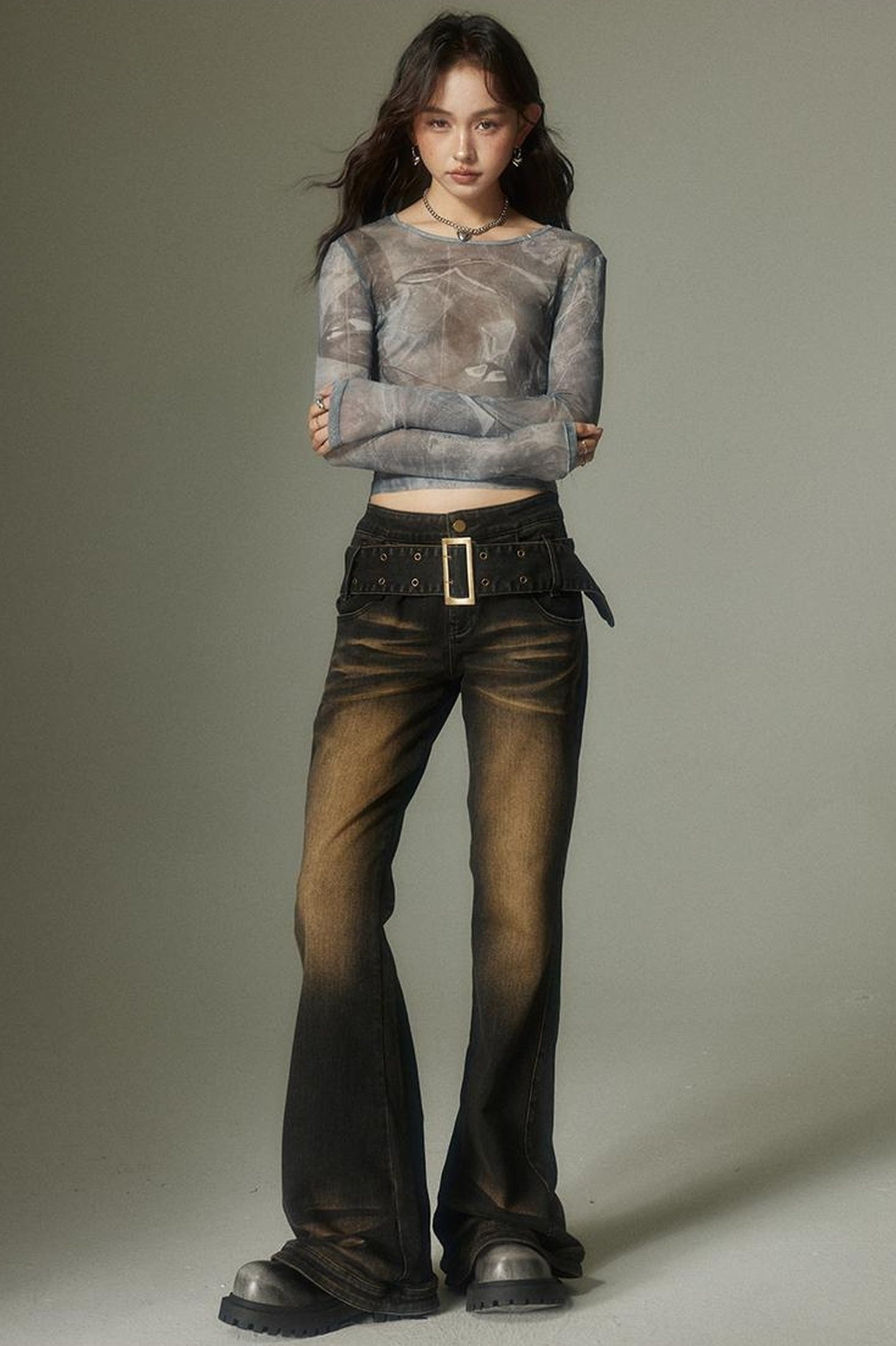 DIDDI MODA Washed Gradient Flared Jeans With Wide Belt