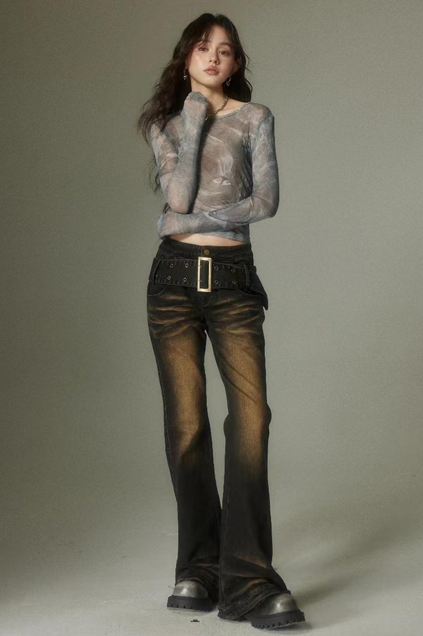 DIDDI MODA Washed Gradient Flared Jeans With Wide Belt