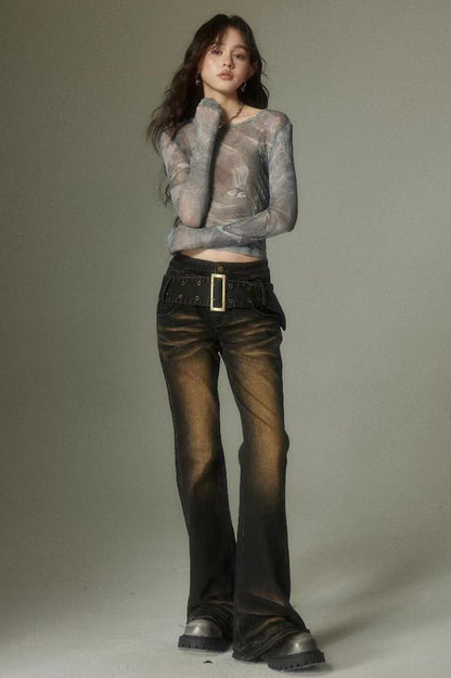 DIDDI MODA Washed Gradient Flared Jeans With Wide Belt