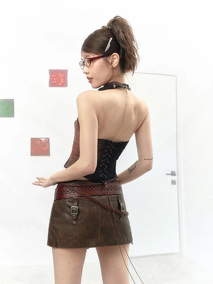 Washed Stitching Embroidered Leather Skirt