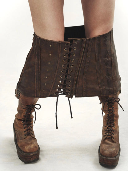 Washed Stitching Embroidered Leather Skirt