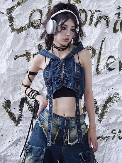 Wasteland Drifter Punk Denim Vest With Spray Hood