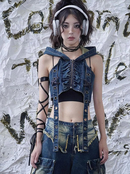 Wasteland Drifter Punk Denim Vest With Spray Hood