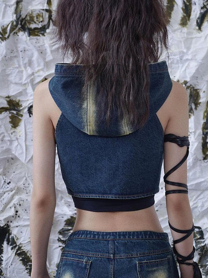 Wasteland Drifter Punk Denim Vest With Spray Hood