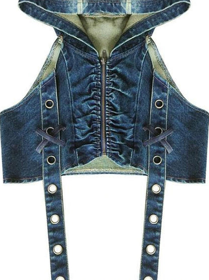Wasteland Drifter Punk Denim Vest With Spray Hood