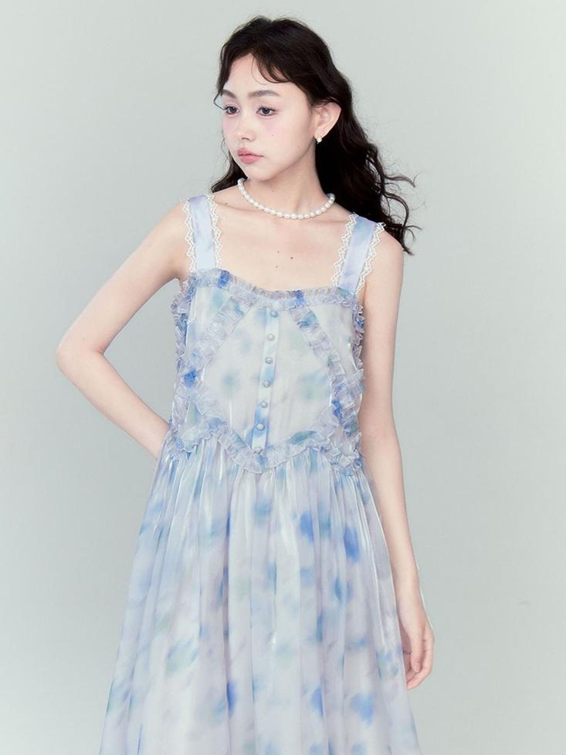 DIDDI MODA Watercolor Print Blue Strapless Sundress