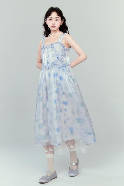 DIDDI MODA Watercolor Print Blue Strapless Sundress