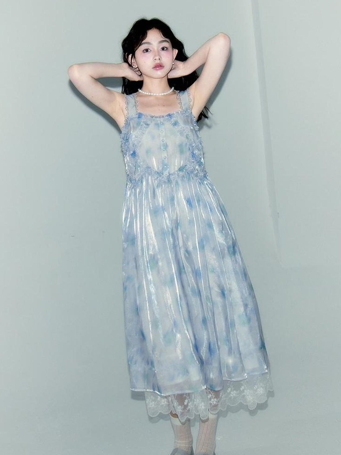 DIDDI MODA Watercolor Print Blue Strapless Sundress