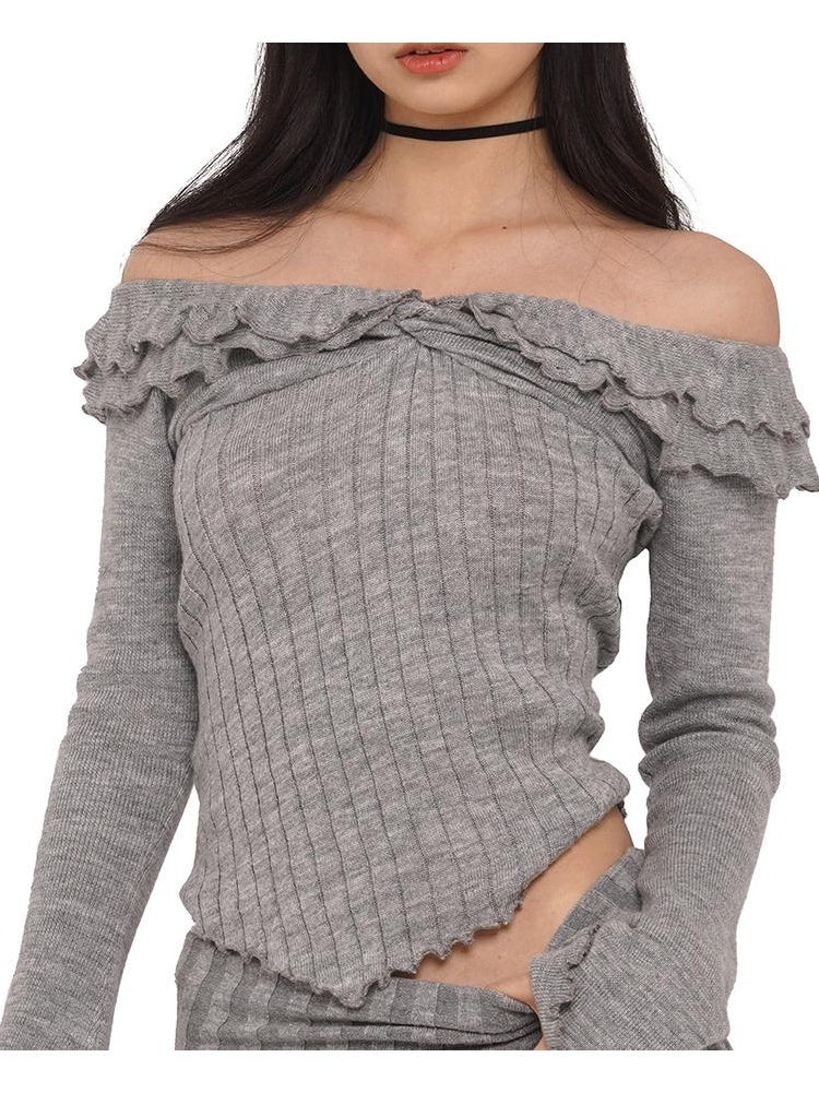 Wave Off-Shoulder Sweater &amp; A-Line Skirt 2-Piece Set