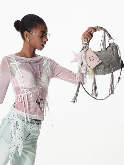 Handwoven Dot Leopard Star Lace Ribbon Bag Charm Necklace