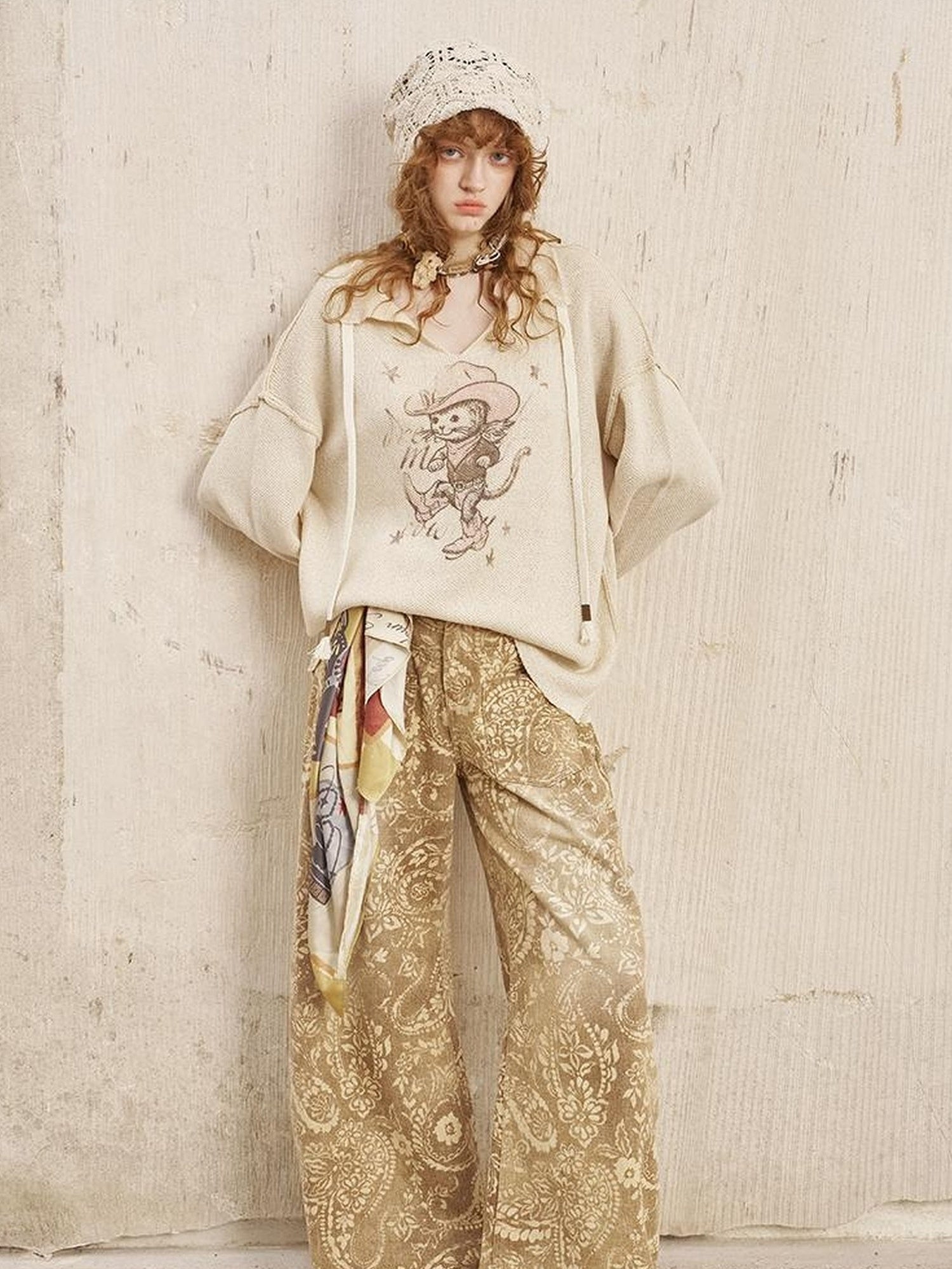 DIDDI MODA Western Cat V Neck Loose Knit Top