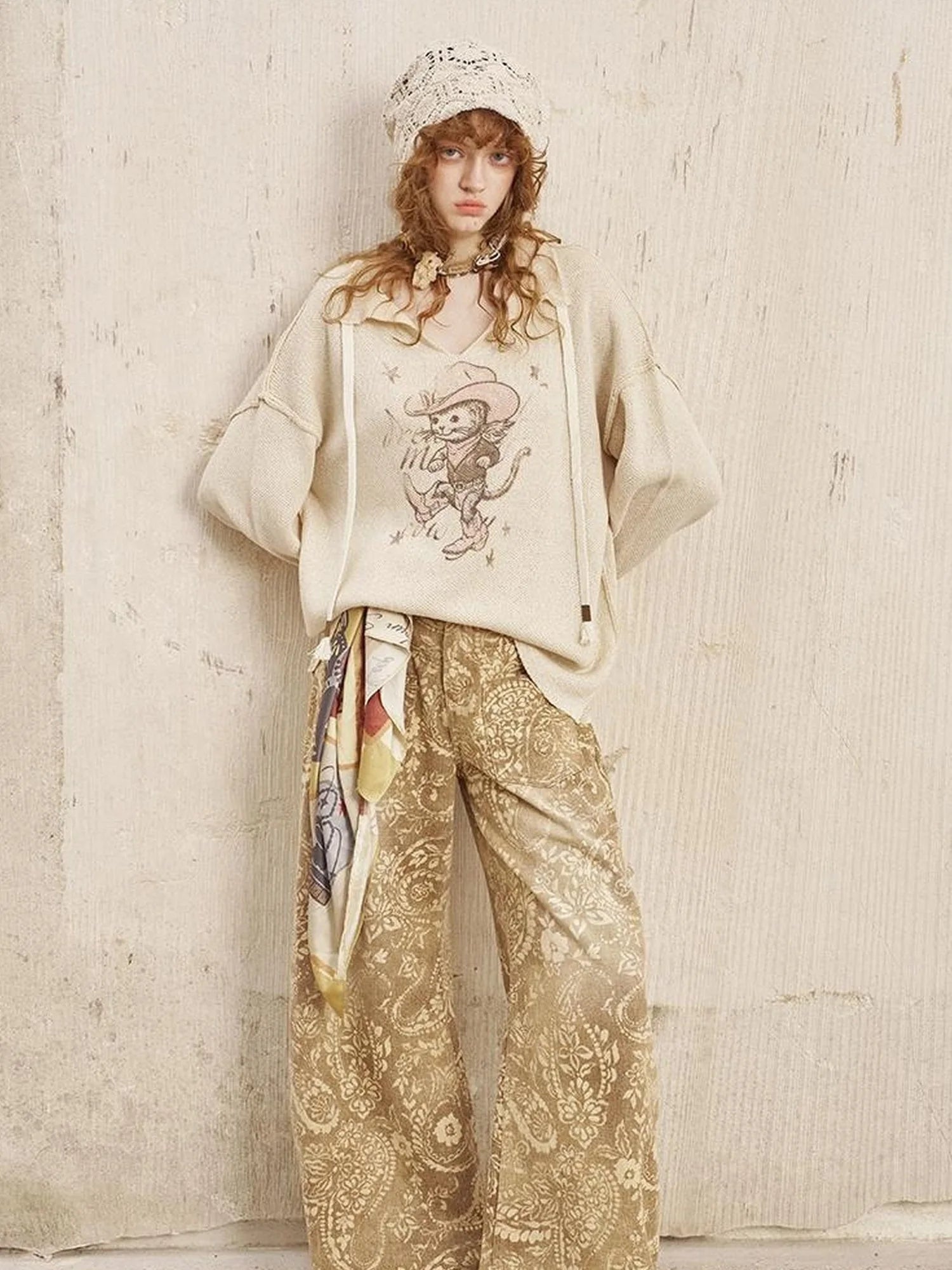 Western Cat V Neck Loose Knit Top