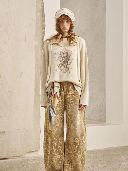 Western Cat V Neck Loose Knit Top