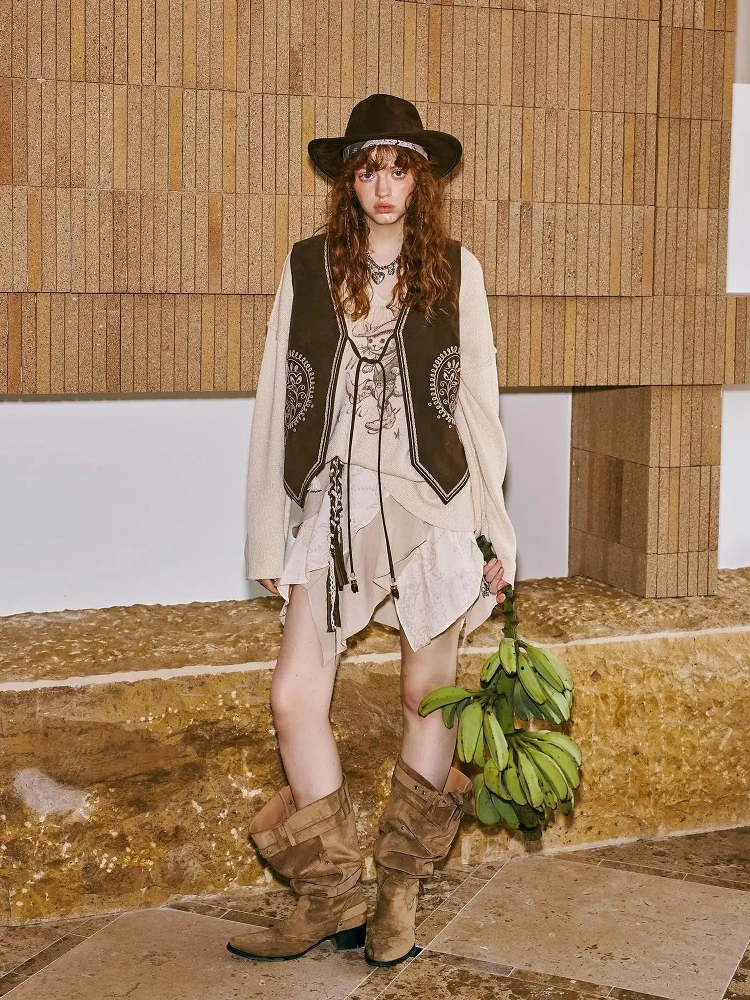 Western Cat V Neck Loose Knit Top