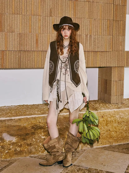 Western Cat V Neck Loose Knit Top