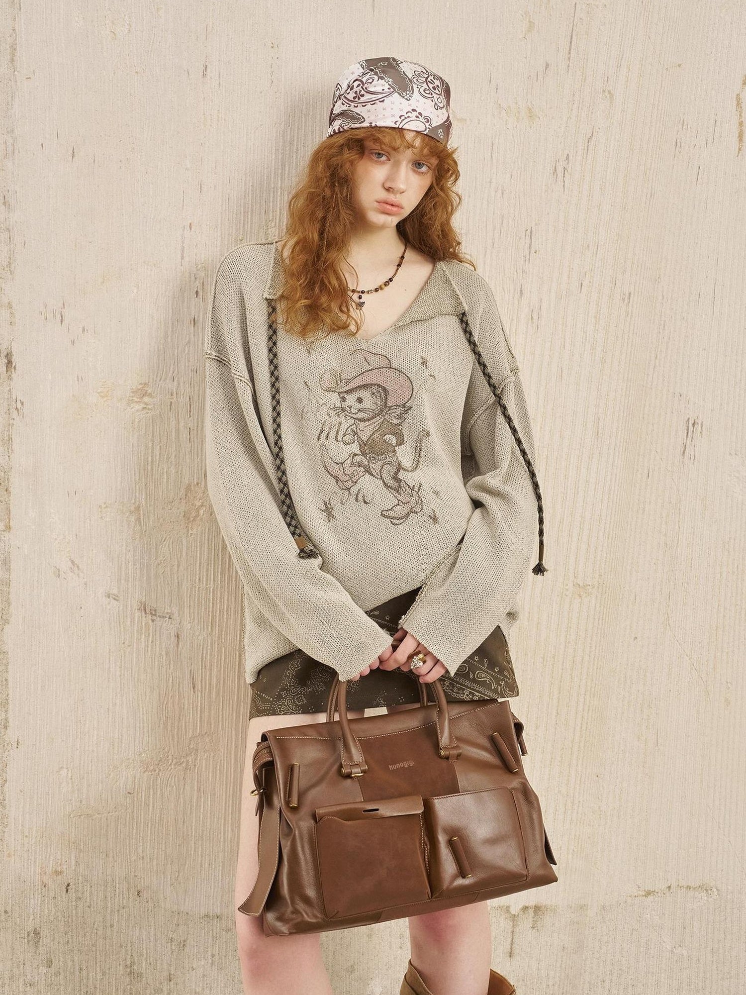 DIDDI MODA Western Cat V Neck Loose Knit Top