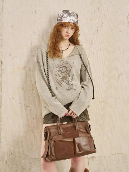 Western Cat V Neck Loose Knit Top