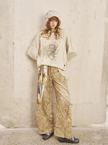 Western Cat V Neck Loose Knit Top