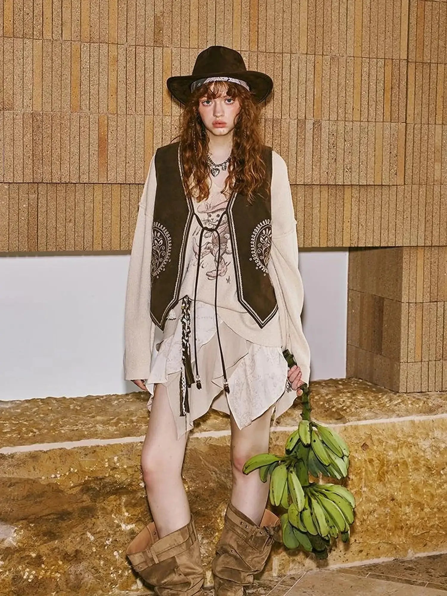 Western Cat V Neck Loose Knit Top