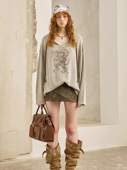 Western Cat V Neck Loose Knit Top