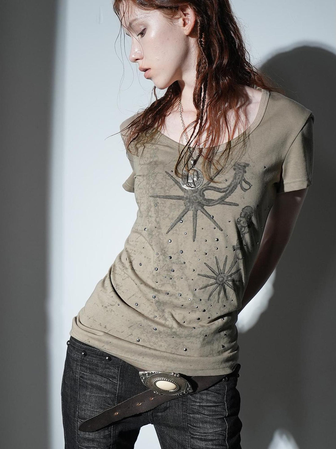 DoublePunch Western Print Rhinestone Fitted Round Neck Basic T-Shirt