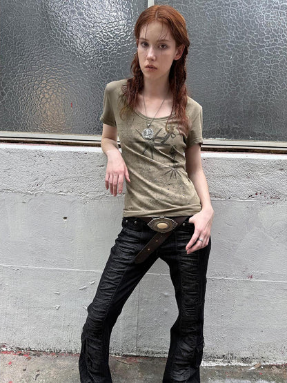 DoublePunch Western Print Rhinestone Fitted Round Neck Basic T-Shirt