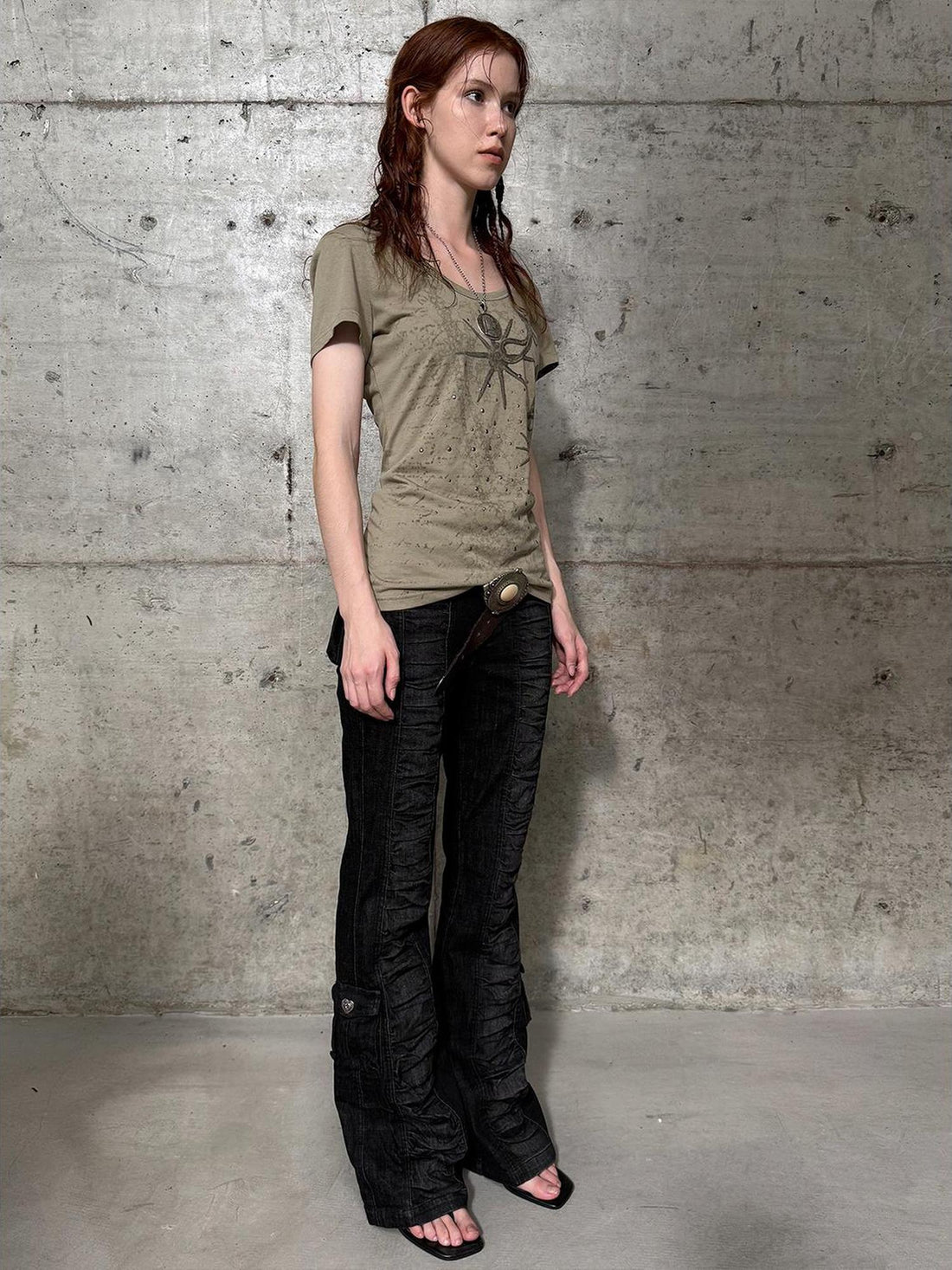 DoublePunch Western Print Rhinestone Fitted Round Neck Basic T-Shirt