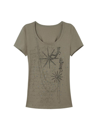 DoublePunch Western Print Rhinestone Fitted Round Neck Basic T-Shirt