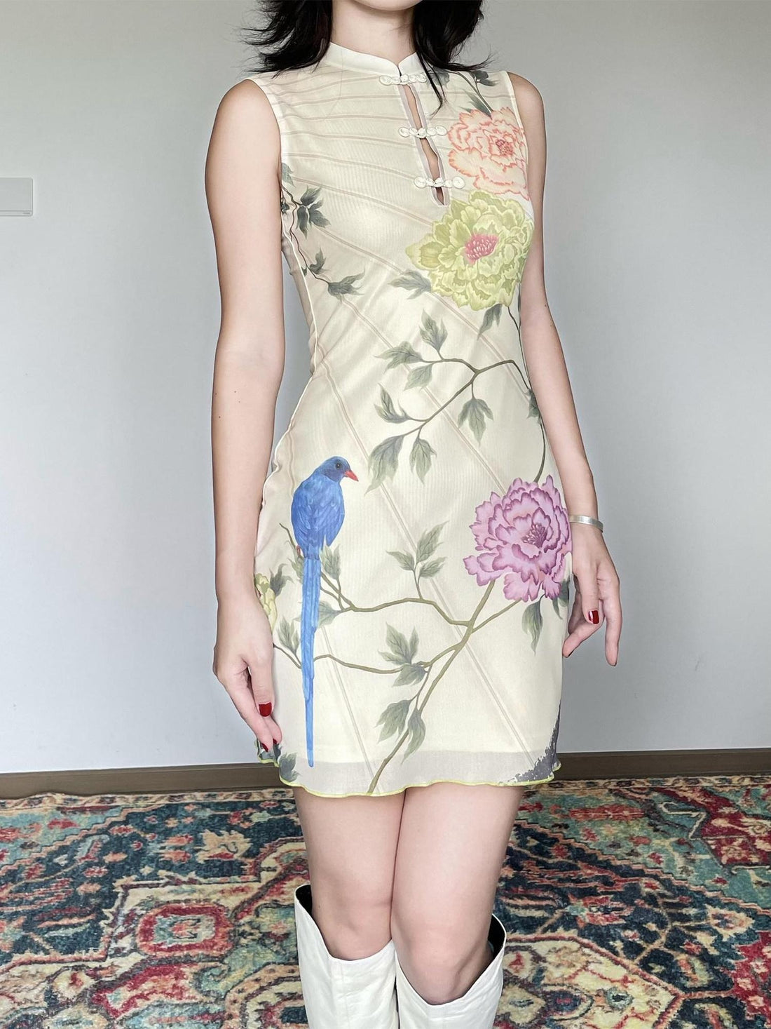 Wet Tail Breathable Floral Vintage Cheongsam Short Sleeveless Daily Bodycon Midi Dresses