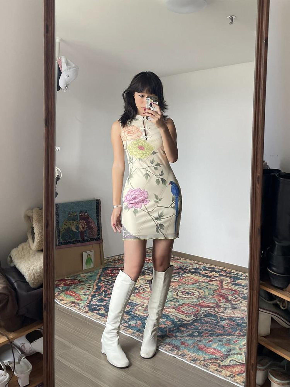 Wet Tail Breathable Floral Vintage Cheongsam Short Sleeveless Daily Bodycon Midi Dresses