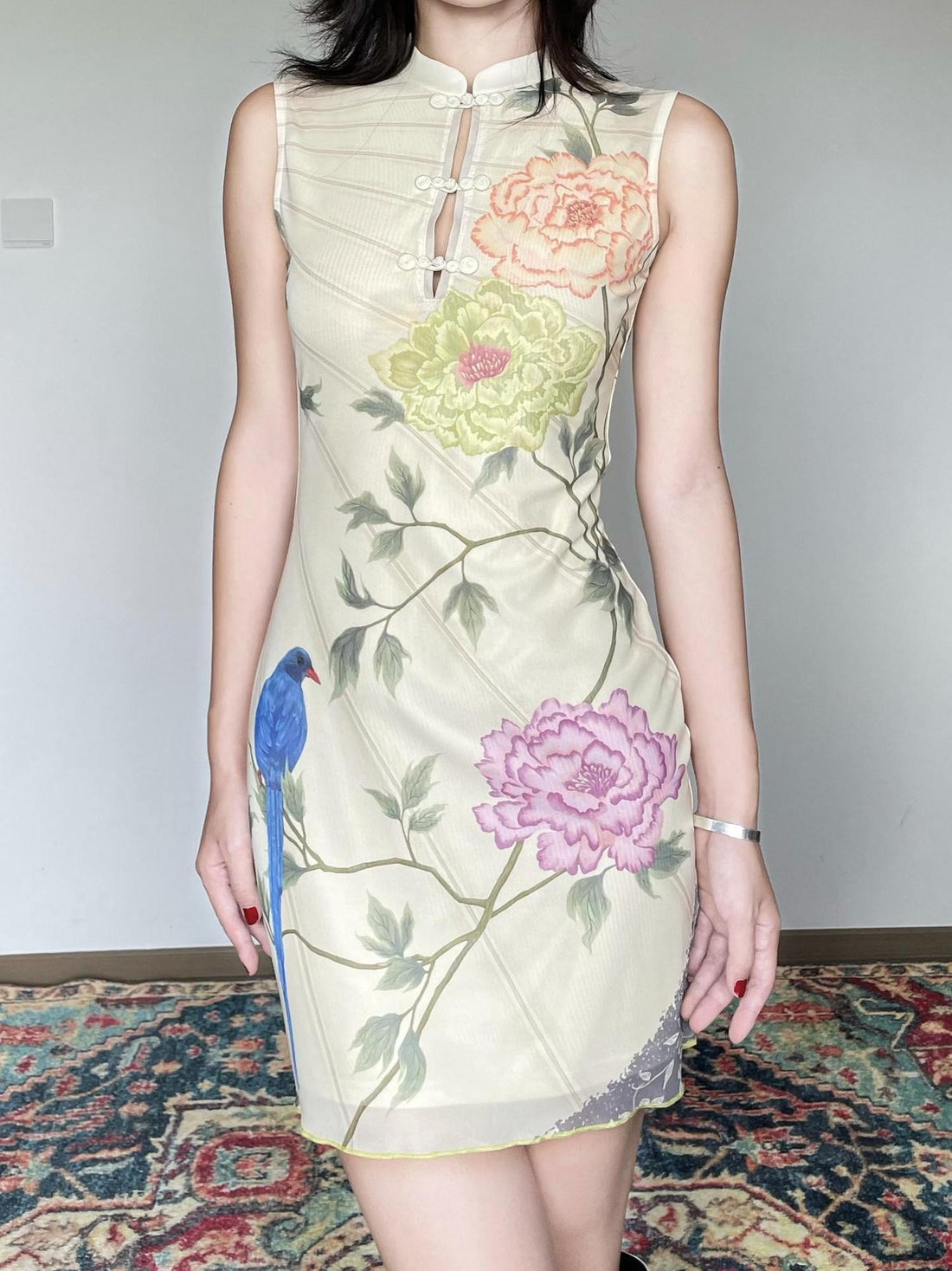 Wet Tail Breathable Floral Vintage Cheongsam Short Sleeveless Daily Bodycon Midi Dresses