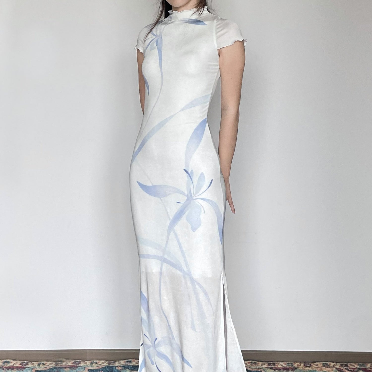 Wet Tail Breathable Short Sleeve Low Slit White Literary Qipao Daily Casual Maxi Dresses