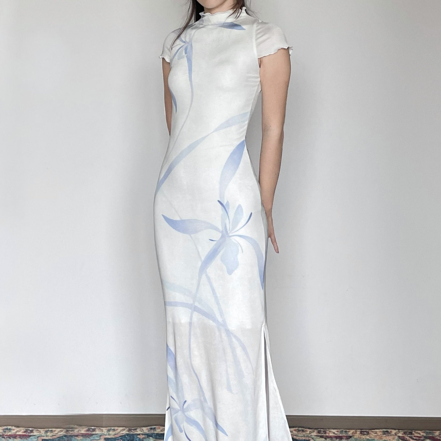 Wet Tail Breathable Short Sleeve Low Slit White Literary Qipao Daily Casual Maxi Dresses