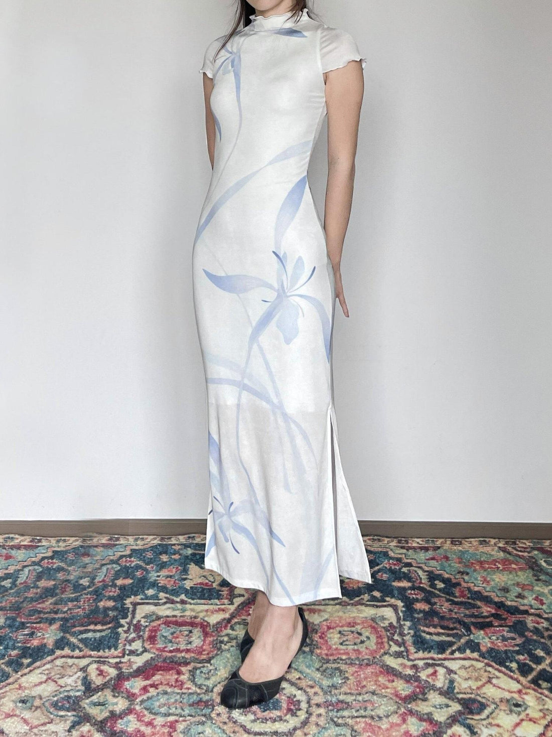 Wet Tail Breathable Short Sleeve Low Slit White Literary Qipao Daily Casual Maxi Dresses