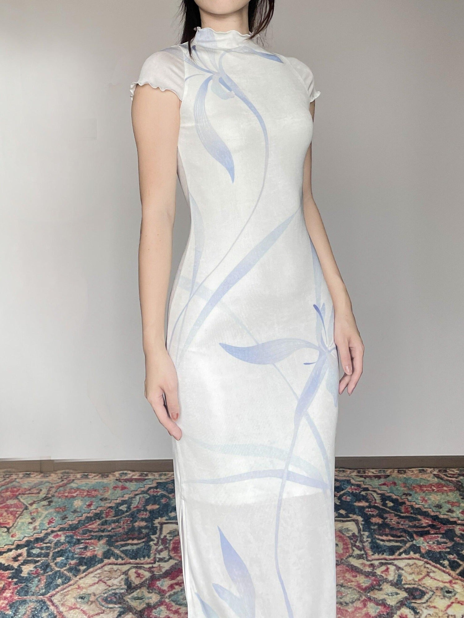 Wet Tail Breathable Short Sleeve Low Slit White Literary Qipao Daily Casual Maxi Dresses