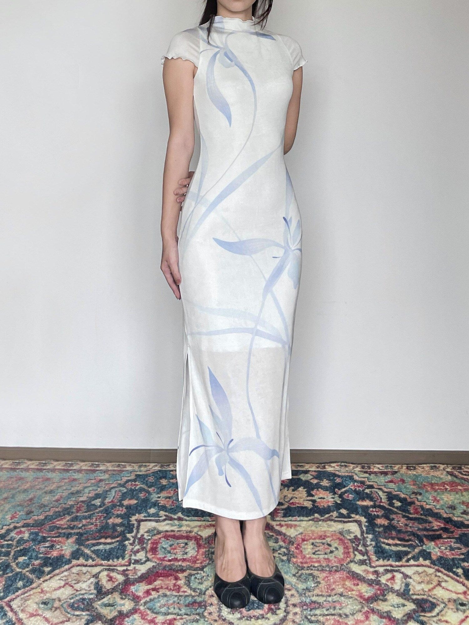 Wet Tail Breathable Short Sleeve Low Slit White Literary Qipao Daily Casual Maxi Dresses