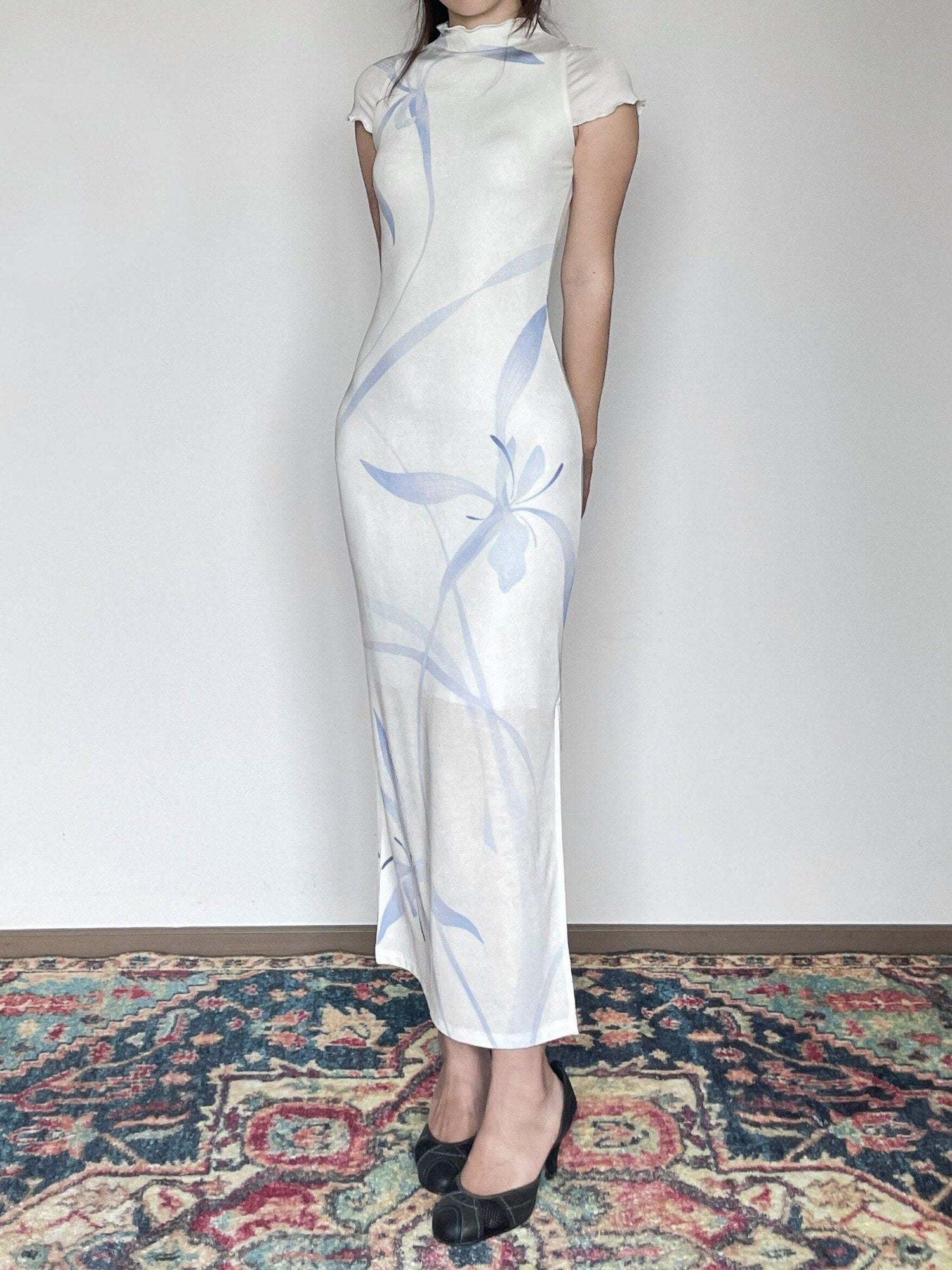 Wet Tail Breathable Short Sleeve Low Slit White Literary Qipao Daily Casual Maxi Dresses