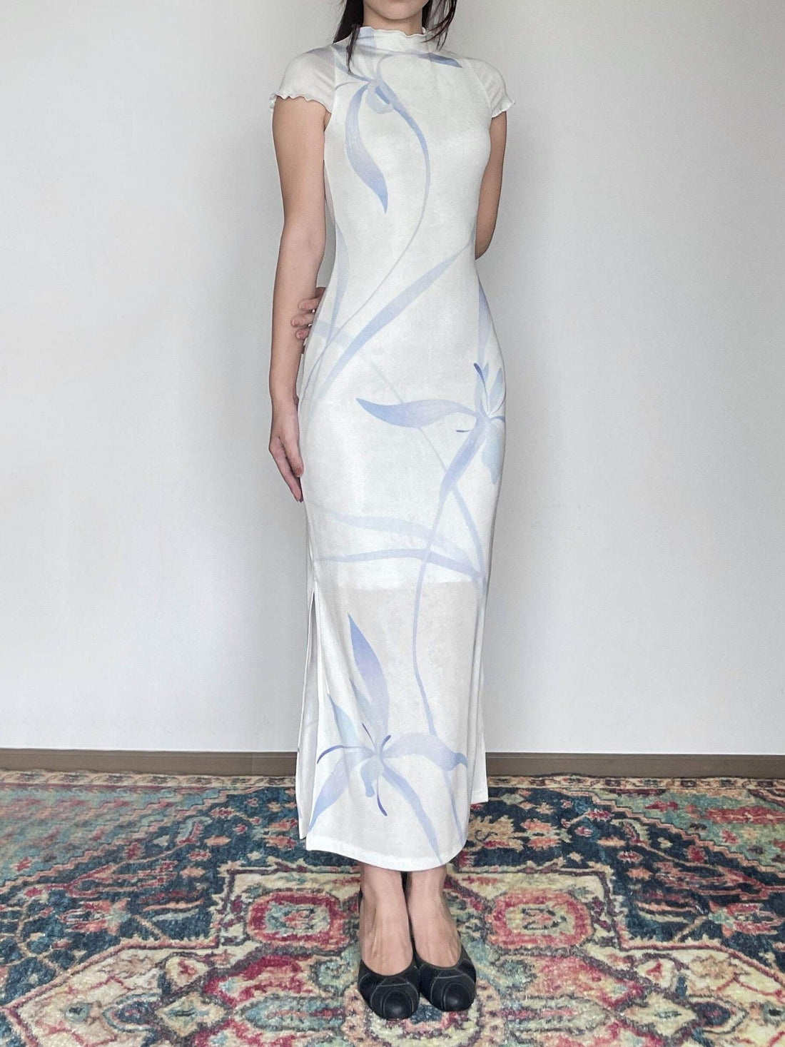 Wet Tail Breathable Short Sleeve Low Slit White Literary Qipao Daily Casual Maxi Dresses